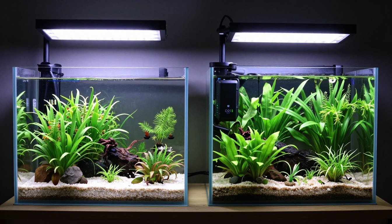 Comparison of low-tech and high-tech planted aquarium setups