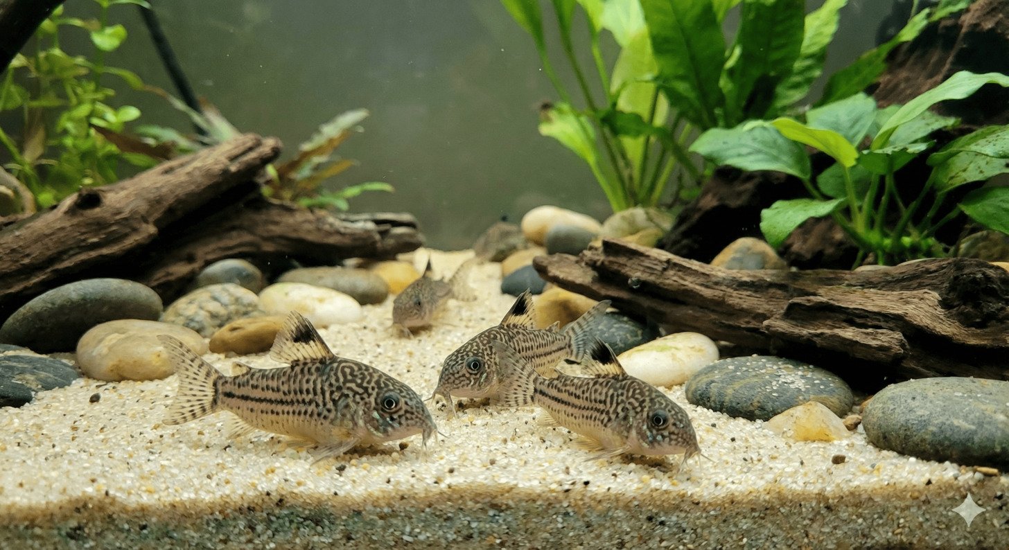 A pair of healthy Corydoras panda catfish resting on fine sand in a planted community tank