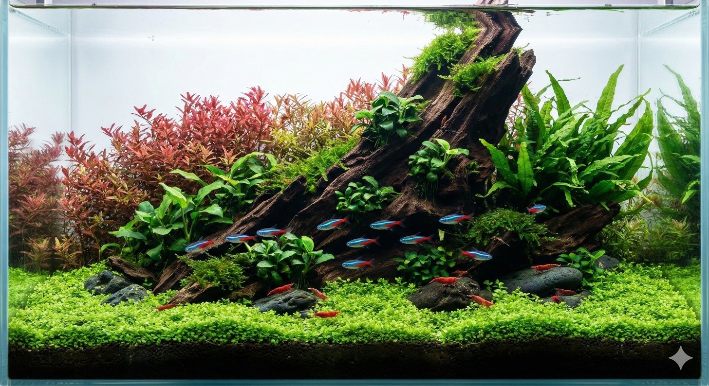 Lush planted aquarium with various green plants and colorful fish