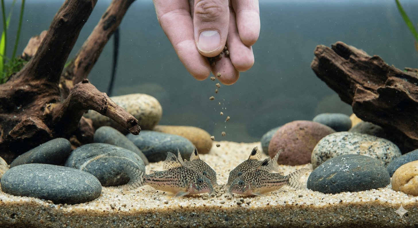 Corydoras feeding on Hikari sinking pellets