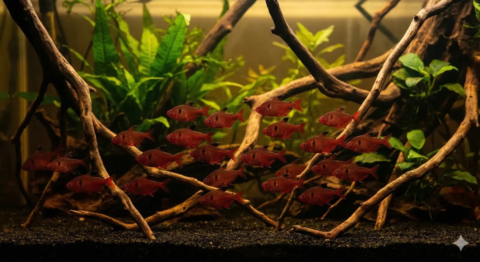 A school of deep red Serpae Tetras swimming in a densely planted aquarium